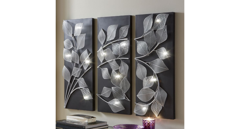 lot 7 image: 3-Panel Lit Leaves Wall Art open bo...