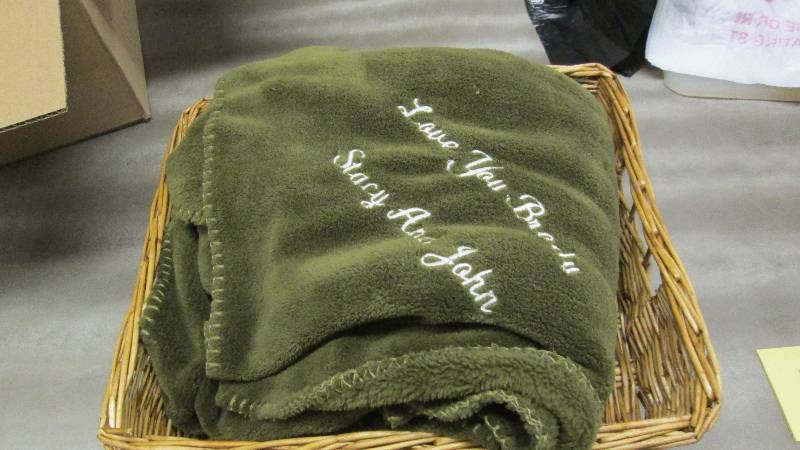 lot 286 image: Personalized Plush Throw & Woven Ba...