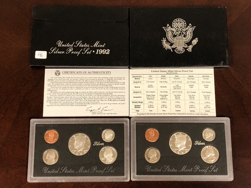 lot 46 image: (2) 1992 U.S. Mint Silver Proof Set...