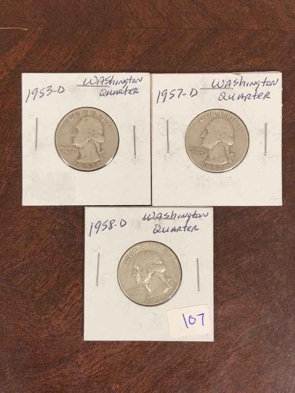 lot 107 image: Lot Of (3) Washington Silver Quarte...