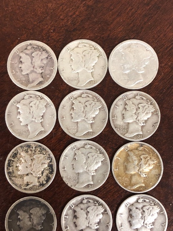 lot 113 image: Lot Of (14) Assorted Silver Dimes &...