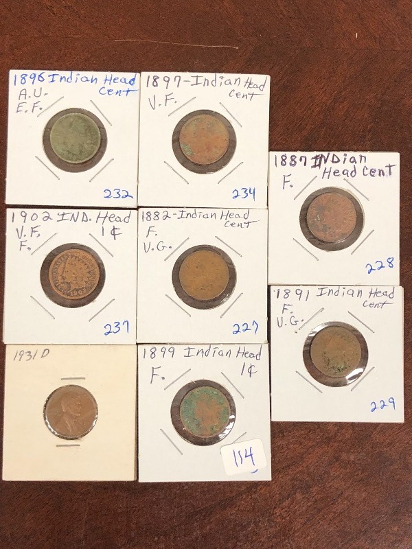 lot 114 image: Lot Of (8) Assorted Indian Head Cen...
