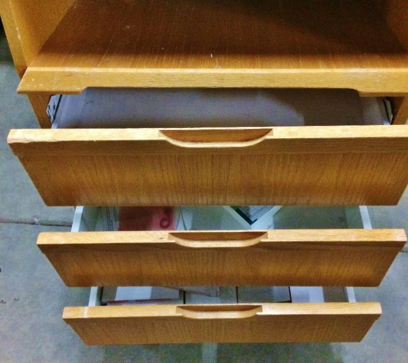 lot 4 image: Retails Used $400 Hospital Grade Medical Clinic Nursing Home Care Facility Patient Bedside 3 Drawer Wood Grain Mobile Cabinet Ventilated Dresser Storage - Excellent Condition