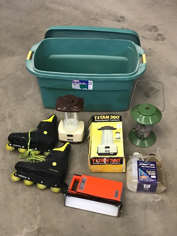 lot 56 image: Large Plastic Tote With Assorted Ca...