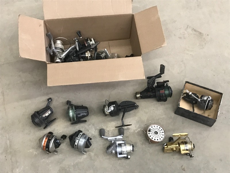 lot 61 image: Box Full Of Assorted Fishing Reels ...