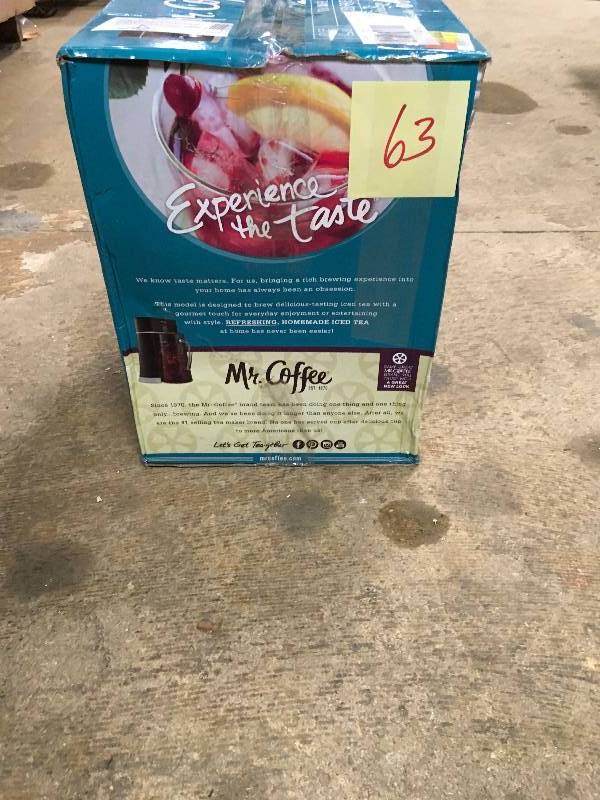 lot 63 image: Mr Coffe Tea Caf Iced Tea Maker open box looks in ,like new condition