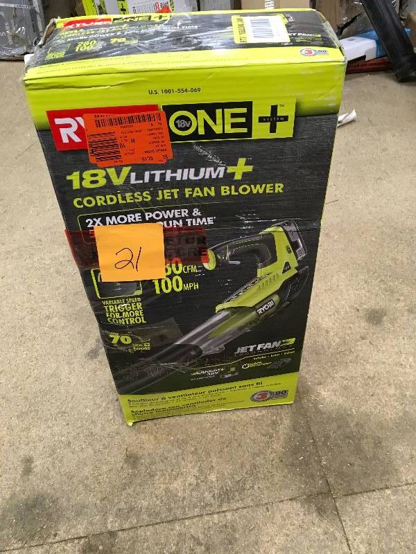 Ryobi One 100 MPH 280 CFM Variable Speed 18 Volt Lithium-Ion Cordless Jet Fan Leaf Blower 4 Ah Battery and Charger Included not used