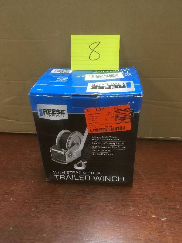 lot 8 image: Reese Towpower Trailer Winch with Strap & Hook in like new working conditions