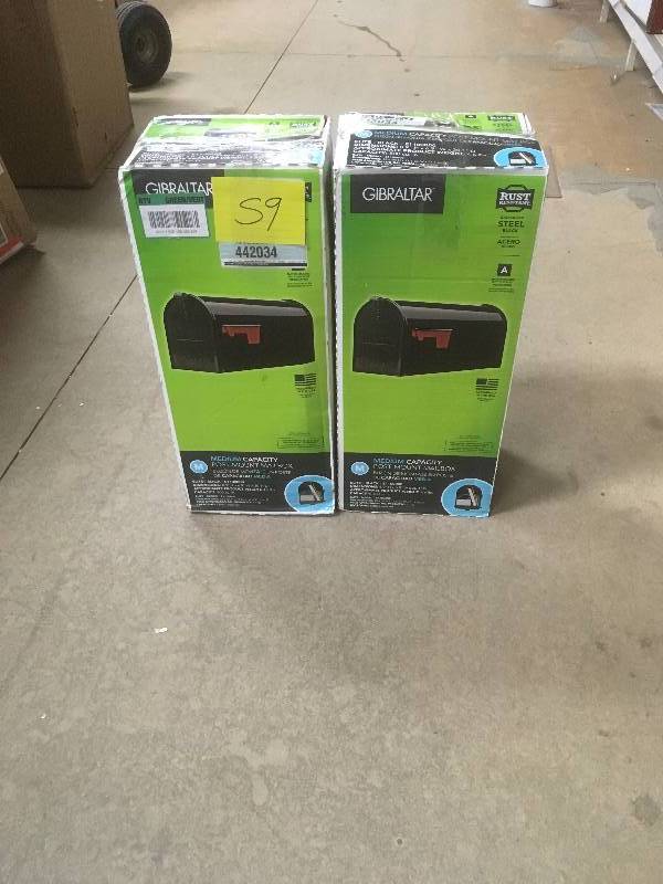 lot 59 image: Solar Group Inc. Gibraltar E1100b00 Standard Size Galvanized Steel Rural Mailbox Black - Lot of 2 not used