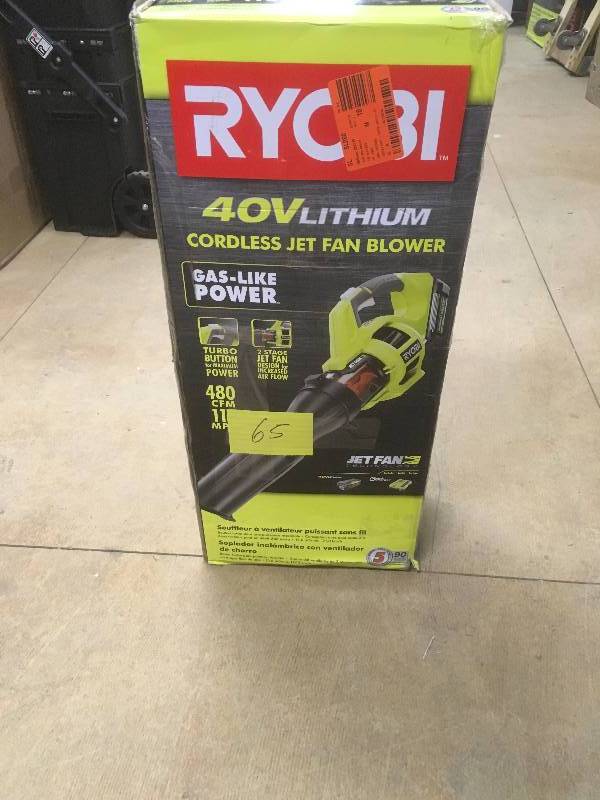 lot 65 image: Ryobi 40 Volt Lithium Cordless Jet Fan Blower in working conditions