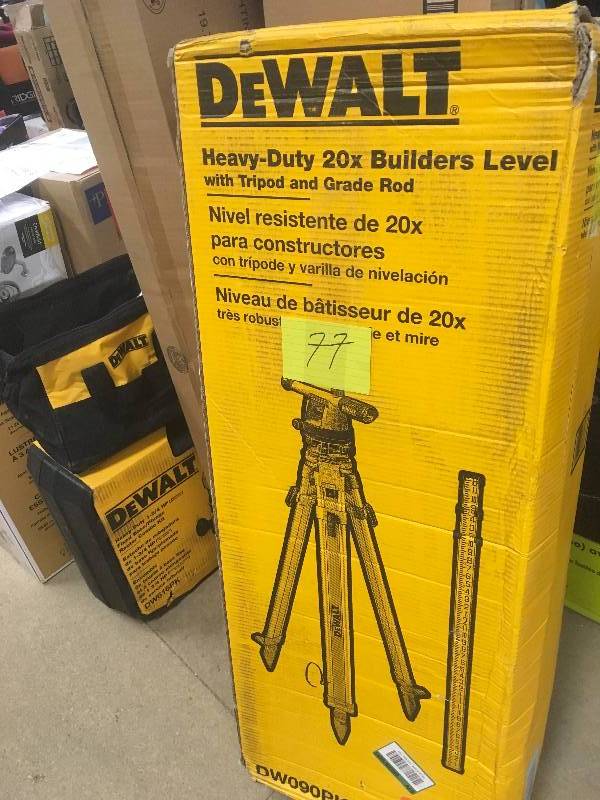 lot 77 image: DeWalt Heavy Duty 20x Builders Level with Tripod and Grade Rod in like new working conditions