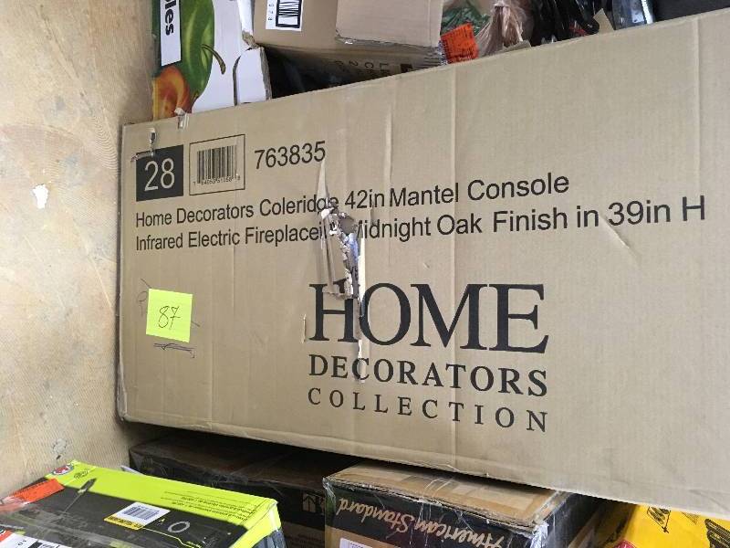 lot 87 image: Home Decorator Collection Coleridge 42 in. Mantel Console Infrared Electric Fireplace in Midnight Oak Finish in 39 in. H, Aged Black Not used