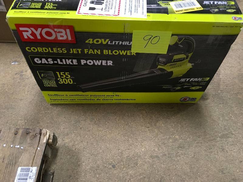 lot 90 image: Ryobi 155 MPH 300 CFM 40 Volt Lithium Cordless Jet Fan Blower, Battery & Charger Included in like new working conditions