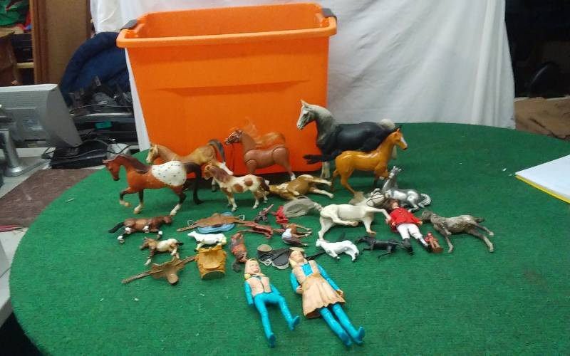 Tote Full Of Mixed Lot Horses, Cowboys, Indians, 1-Doll Rider, 2-Vintage Dolls, 1-Reeves Horse