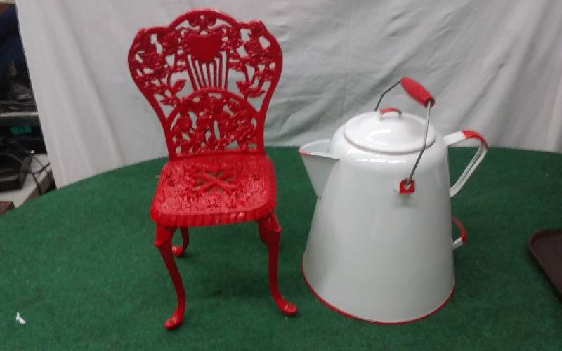 Red Cast Iron Doll Chair, Enamel Kettle
