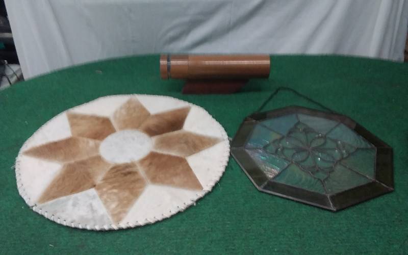 19 Inch Round Hide, 14 Inch Glass, Hand Crafted Kaleidoscope With Stand