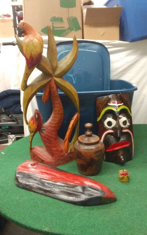 Large Lot In Tote With Lid Of Carved Wood Statues