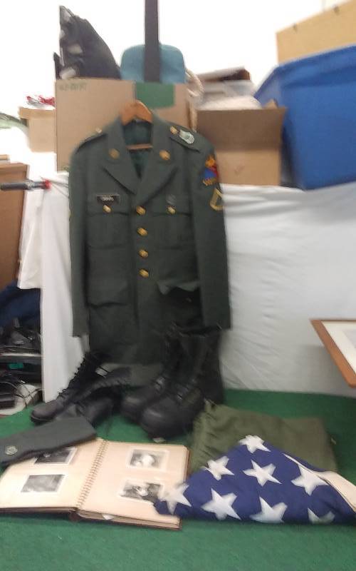 Military Uniform With Lots Of Patches & Pins, 2-Pair Boots, Duffel Bag, Scrapbook From Flag