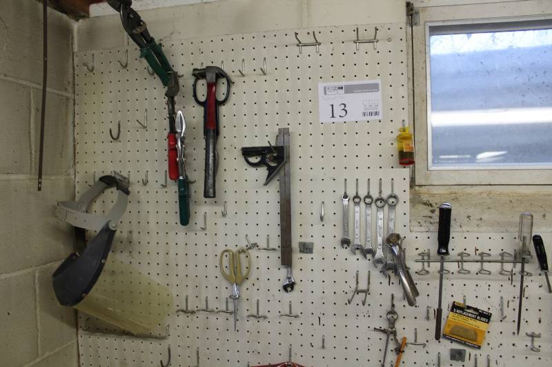 Pegboard, Hand Tools - Square, Hammer, Snips, Wrenches, Screwdrivers, Face Mask, And More
