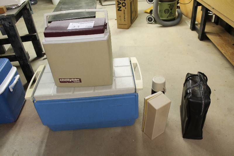 Lot of (3) Coolers - 2) Thermos Chillybin, Chest Coolers, 1) Thermos Cooler Set