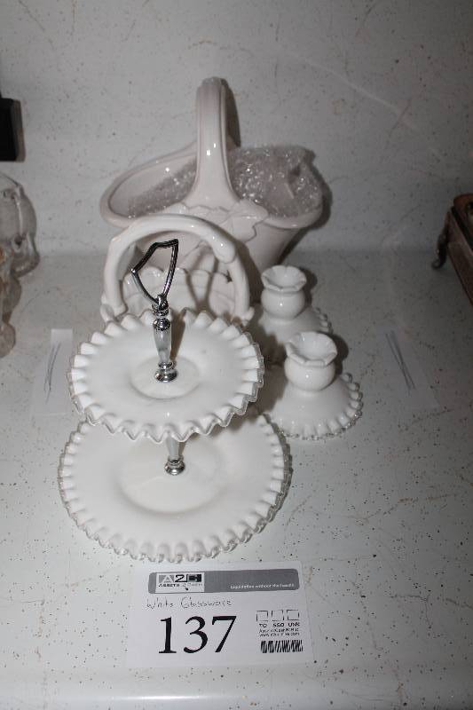 White Glass Kitchenware - Serving Tray, Basket, Candle Holders