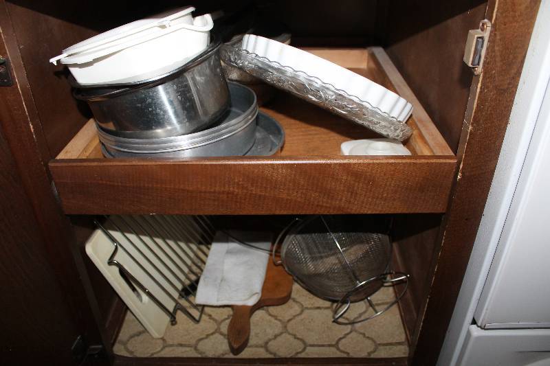 Pots, pans, Glass Serving Tray, Plastic Bowls, Strainer, Drying Rack