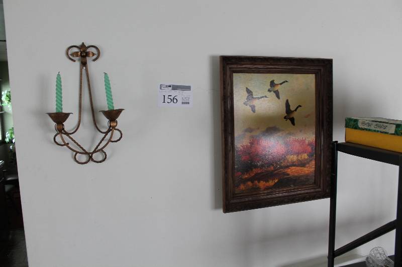 Lot of (2) Wall Art - Geese Picture, 2-Candle Holder