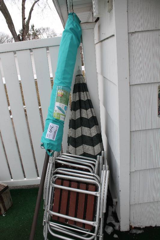 Lot of (6) Outdoor Furniture - 2) Umbrellas, 4) Wood Chairs