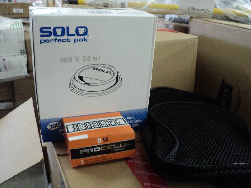 solo lids, backpack, 7 D batteries...