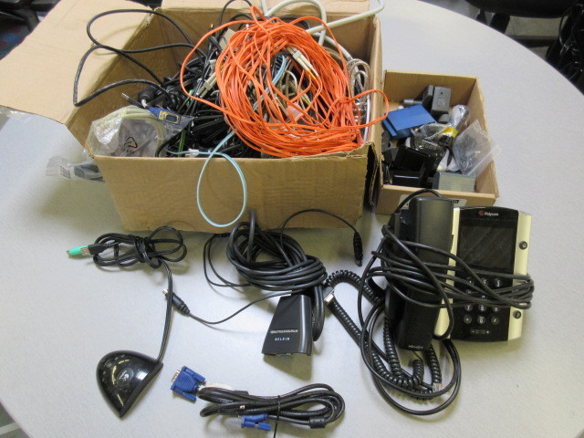 BOX OF MISC. COMPUTER CABLES , A DIGITAL PHONE AND MORE