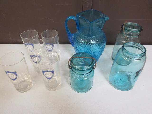 HAND BLOWN GLASS PITCHER, AMHERST UNIV. GLASSES