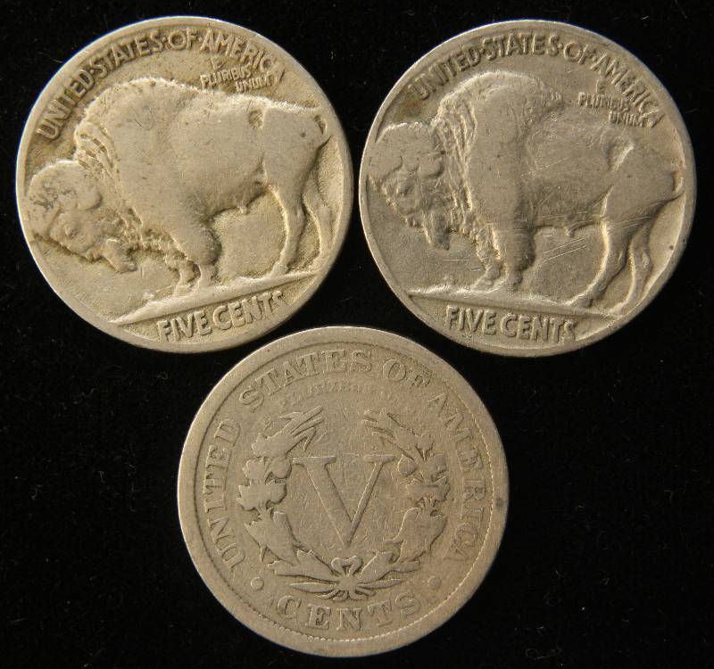 3 NICKELS 1908 V, 1927 & 1936 BUFFALO