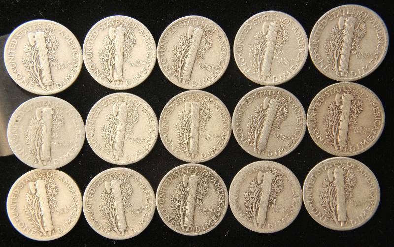 GROUP OF 15 US MERCURY SILVER DIMES