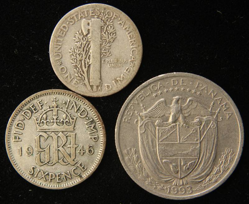 3 COINS 1936 MERCURY DIME & 2 FOREIGN