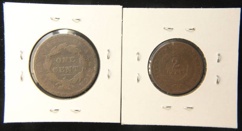 2 US COINS 1837 LARGE CENT & 1864 TWO CENT PIECE