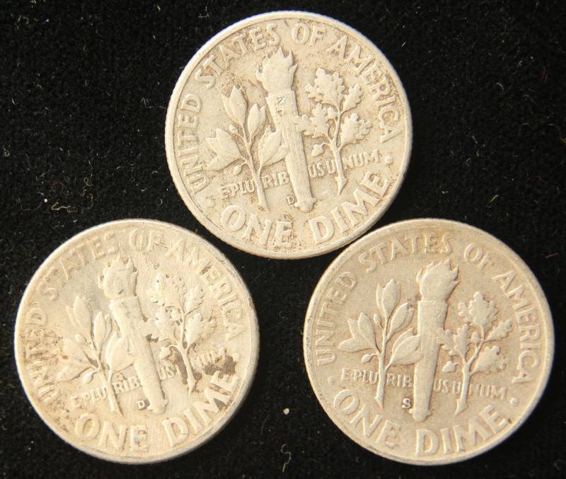 3 SILVER ROOSEVELT DIMES 1946-D, 1949-D, 1951-S