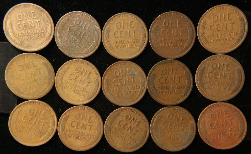 GROUP OF 15 WHEAT CENTS FROM THE TEENS & 1920S