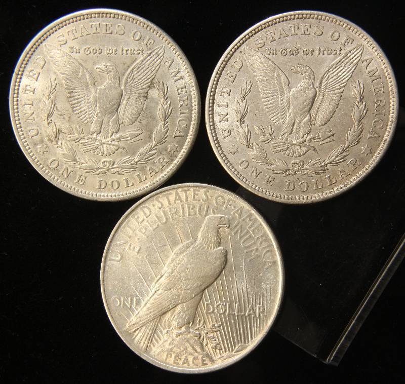 3 SILVER DOLLARS 1921, 1921-D, 1922 AU-UNC