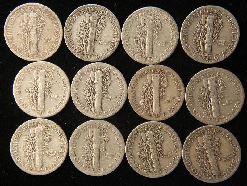 GROUP OF 12 US MERCURY SILVER DIMES