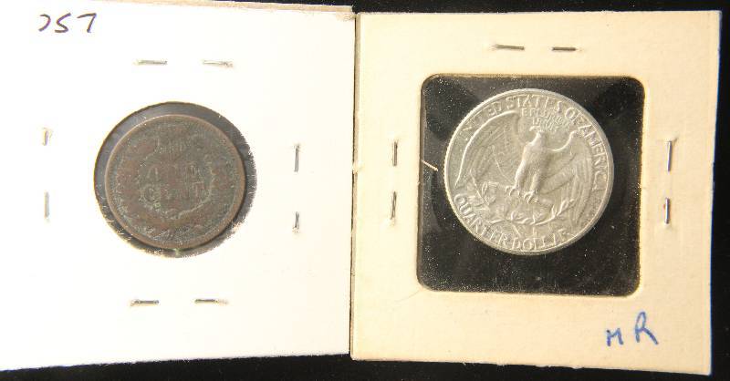 2 US COINS 1869 INDIAN HEAD & 1958 WASHINGTON 25C