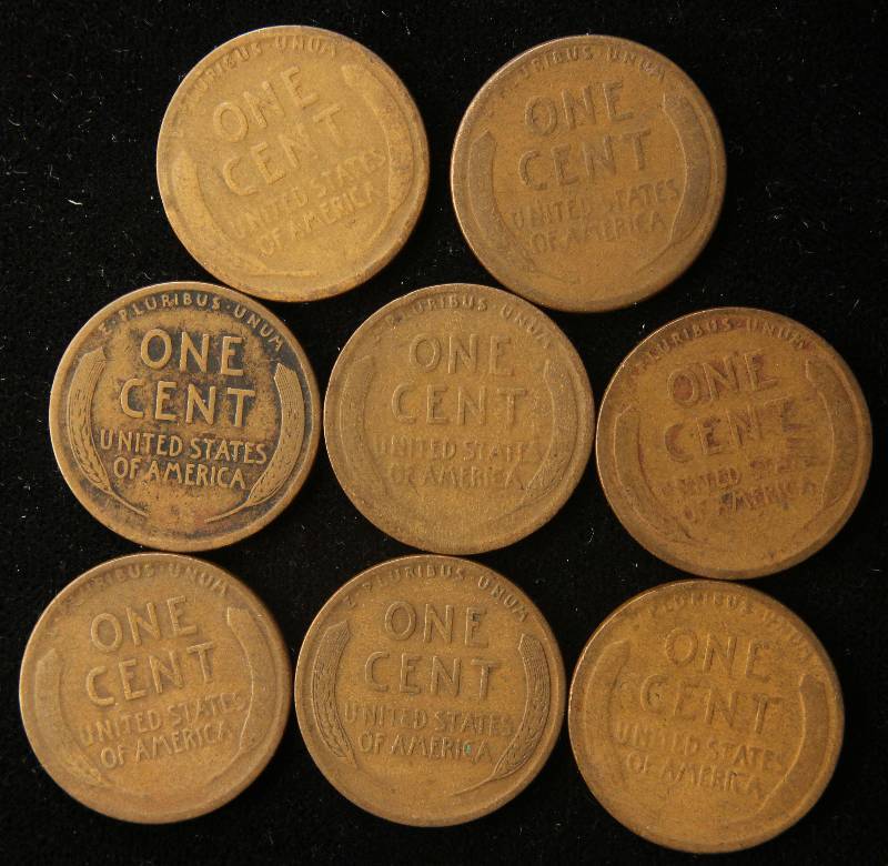 8 US WHEAT CENTS 1916P-S, 1917P-D-S, 1918P-D-S