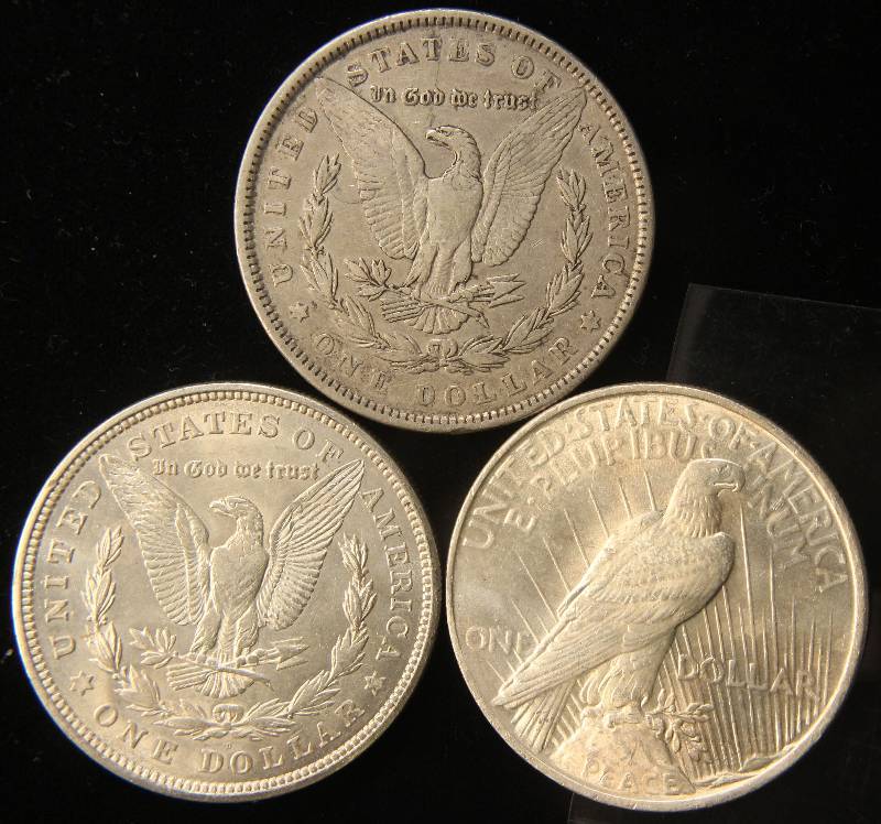 3 SILVER DOLLARS 1886, 1921-D, 1922 VF-UNC