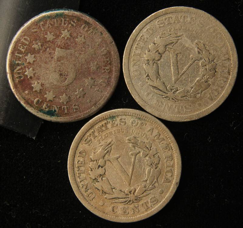 3 US NICKELS 1867 SHIELD, 1904 & 1911 V LIBERTY