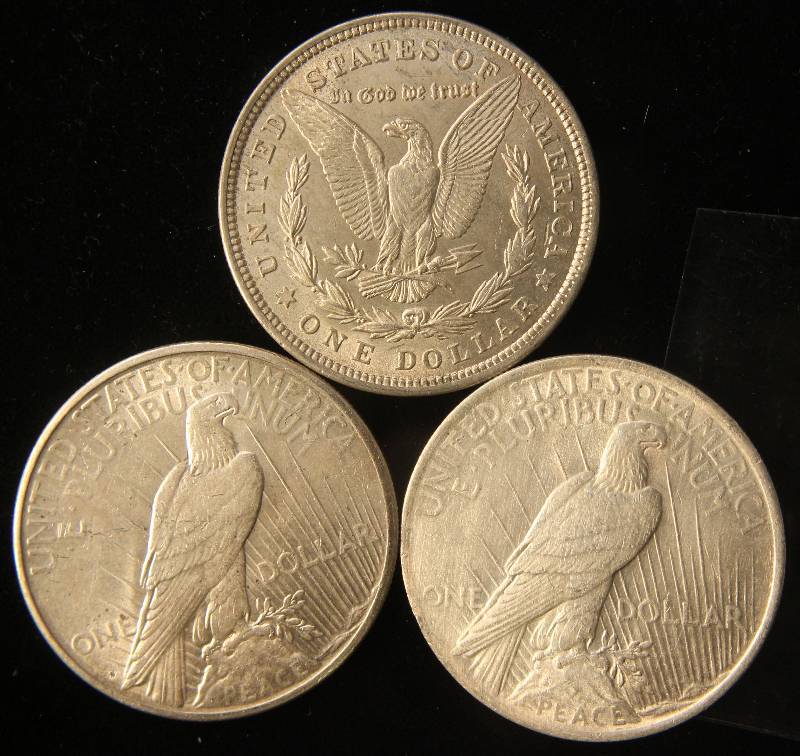 3 SILVER DOLLARS 1921, 1922, 1923 AU-UNC