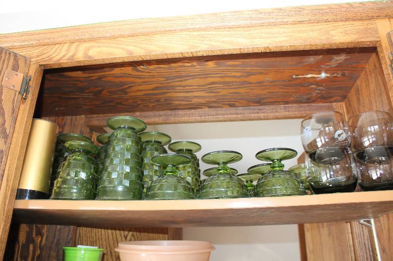 Green Glassware Set - Glasses, Bowls, Serving Tray, Minnesota Viking Ball Glasses