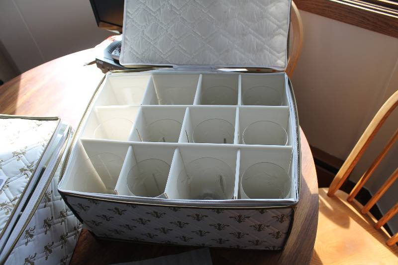 Lot of (12) Glass Water Glasses, Dessert Glasses w Padded Storage Bin