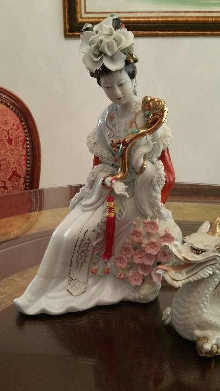 Porcelain Asian Lady w Turquoise & Coral  Porcelain Gold Gilded Dragon