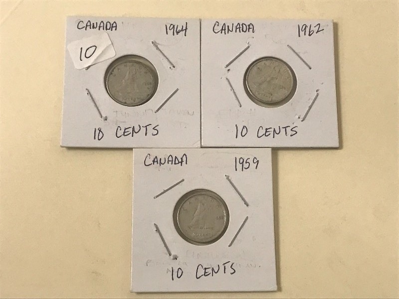 (3) Canadian Silver Dimes 1959, 19...