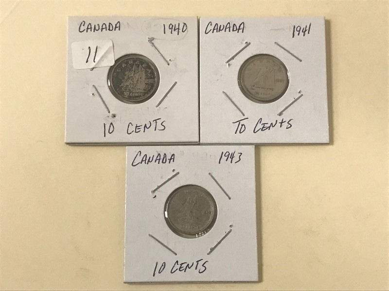 (3) Canadian Silver Dimes 1940, 19...