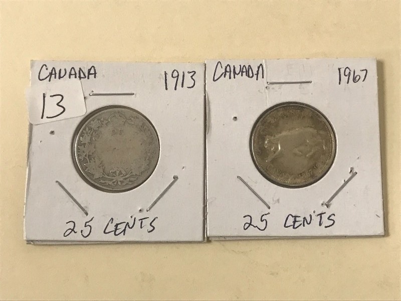 (2) Canadian Silver Quarters 1913 ...